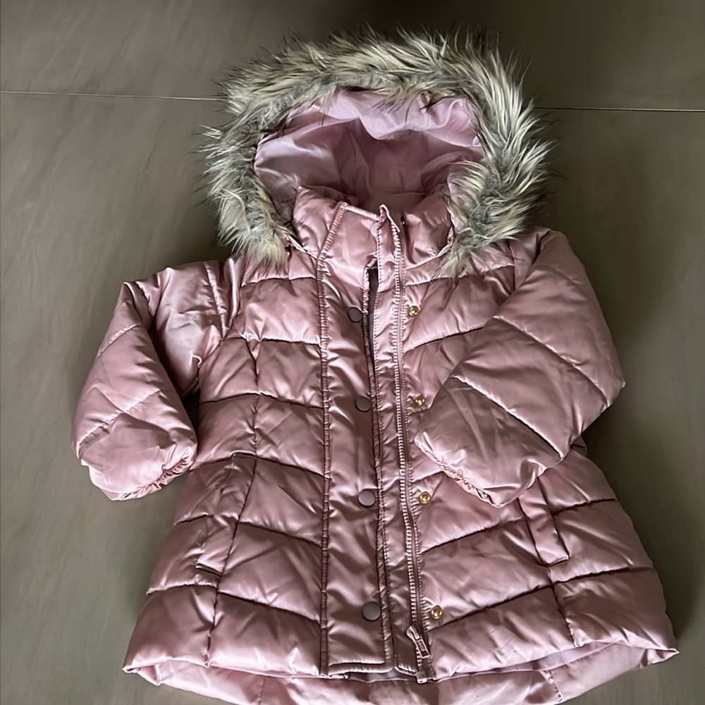 H&M Pink Puffer Jacket with Faux Fur Hood